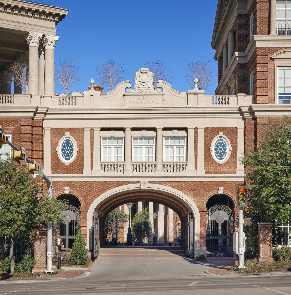 The front of a large brick building