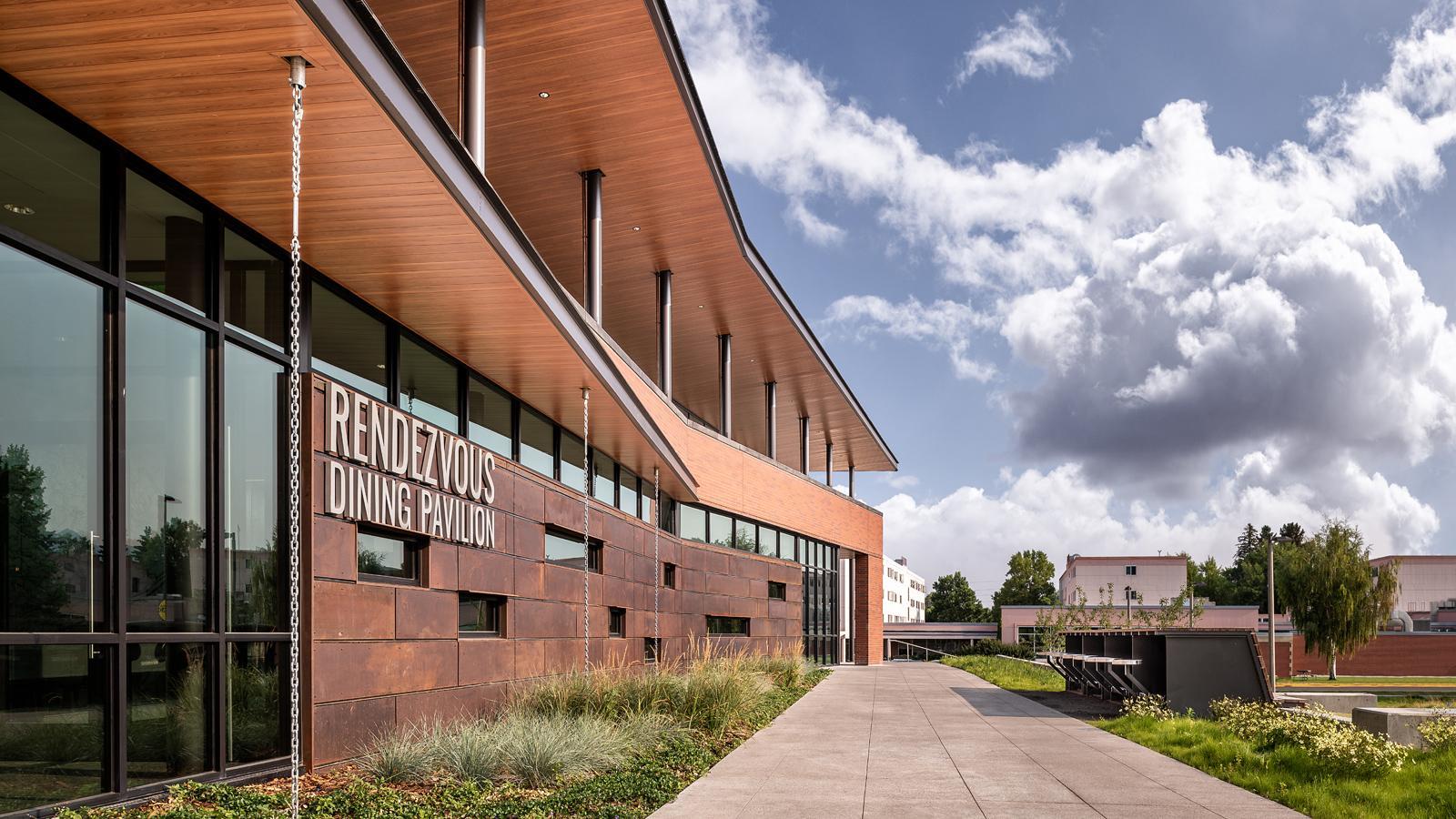 Exterior photograph of the bricked Montana State University Dining Pavilion