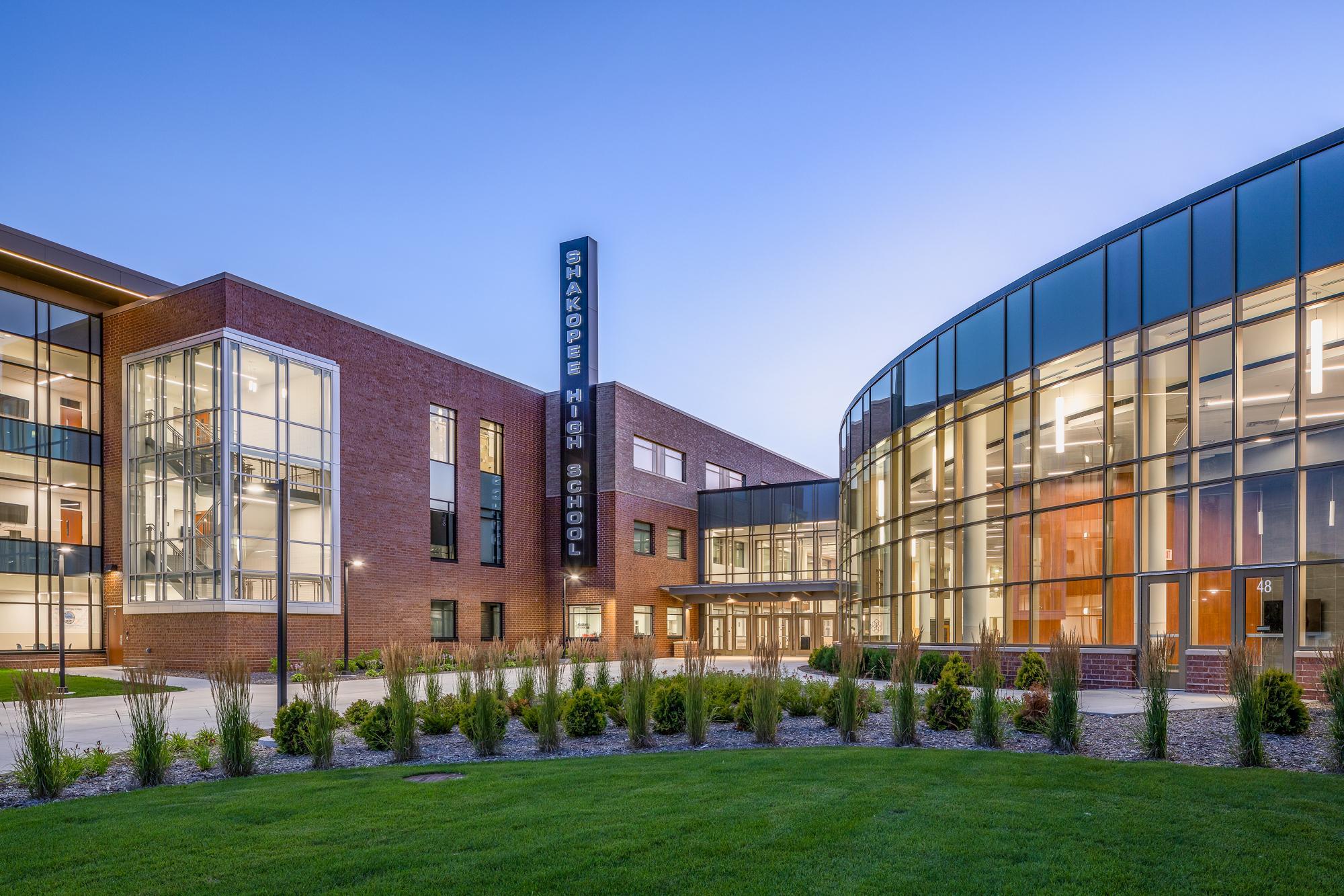 Exterior image of the red bricked exterior of Shakopee High School