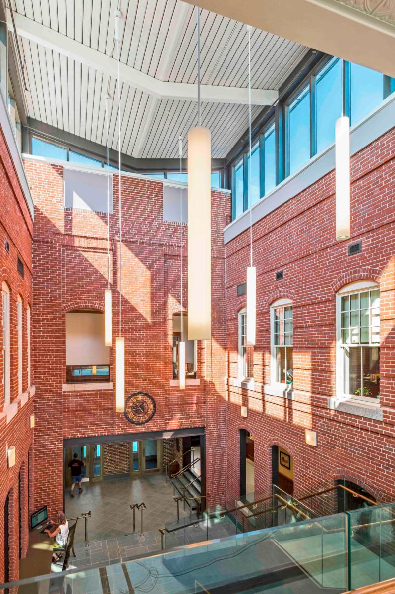 Interior image of the red bricked inside of North Andover Town Hall