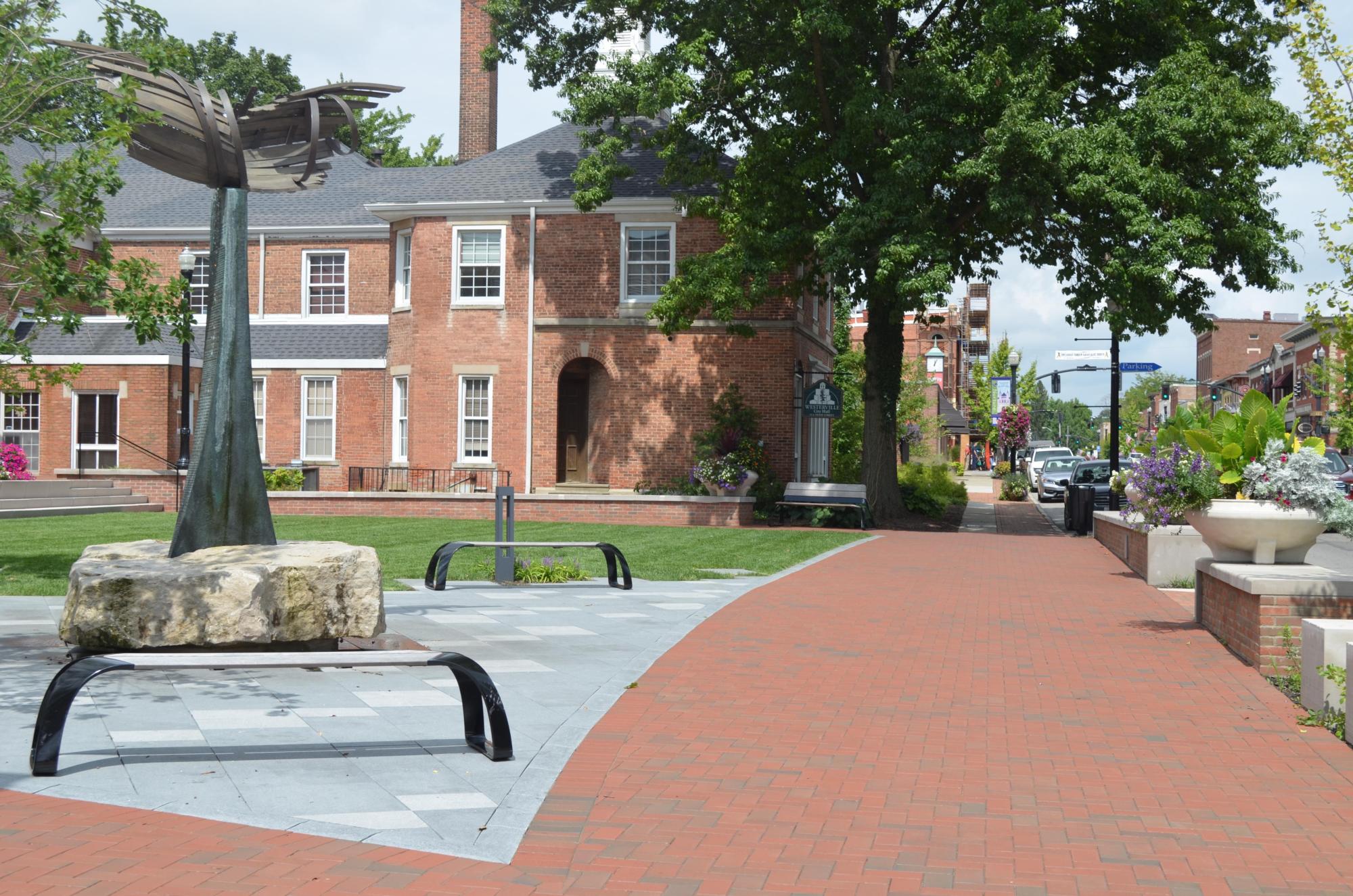 Image of the brick walkways and parking lot of Westerville City Hall and Police Parking