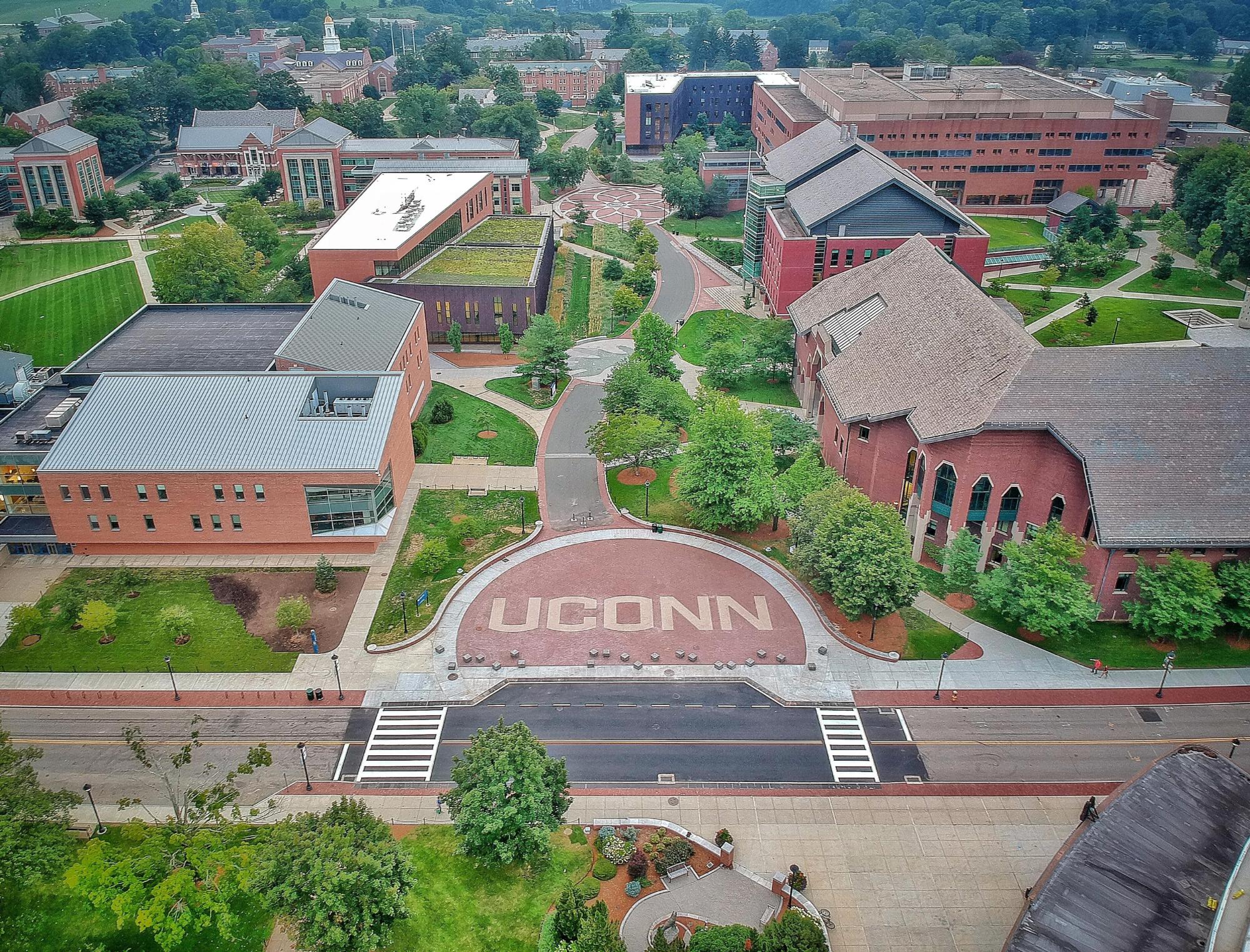 Overhead image of the brick buildings and walkways of the University Of Connecticut Fairfield Circle