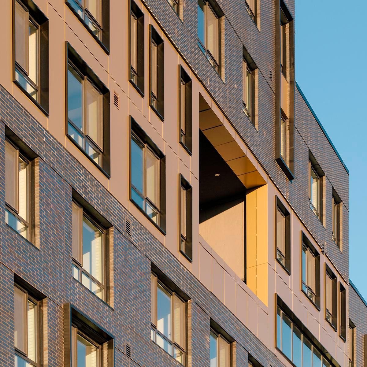 Exterior image of the dark and light brickwork at MLK Plaza