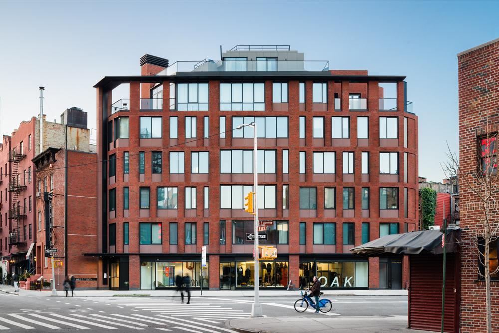 Exterior image of the red bricked, windowed 175 West 10th Street building