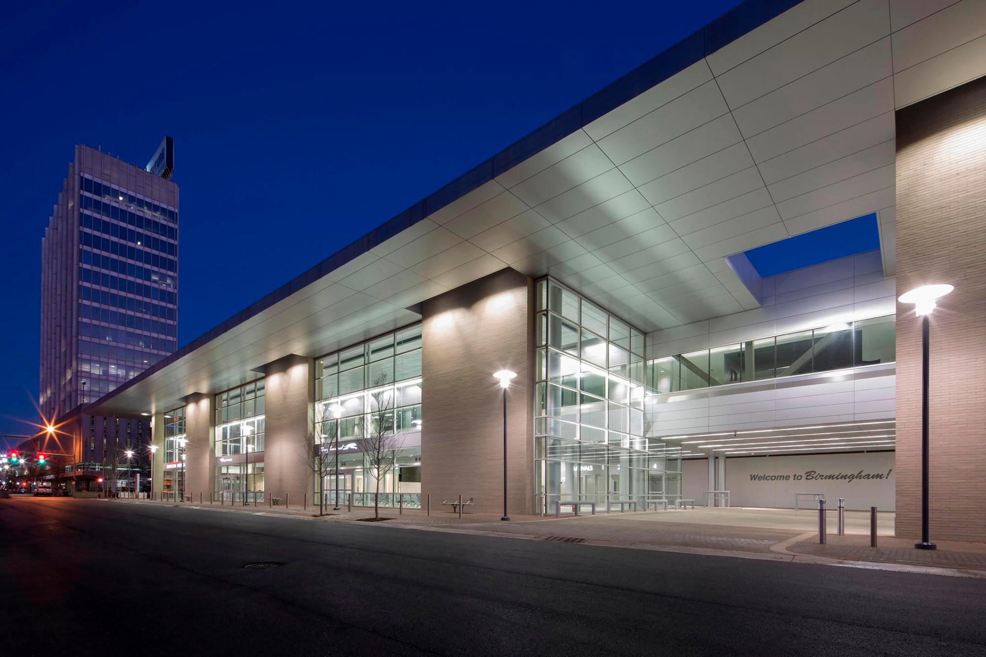 Image of the Birmingham Intermodal Max and Amtrak Stations taken at dusk