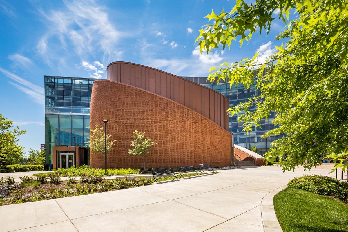 The textured red brick walls of the Brendan Iribe Center, University of Maryland