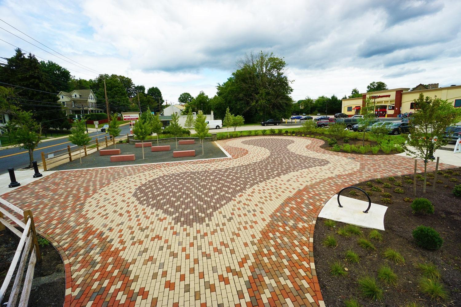The patterned brick walkway at Ambler Square Park