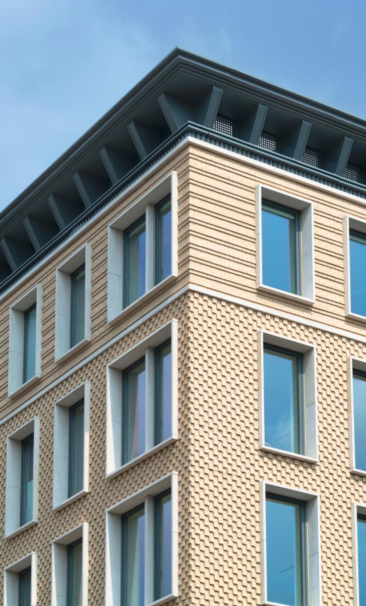 The bricked exterior of the 45 East 7th housing complex