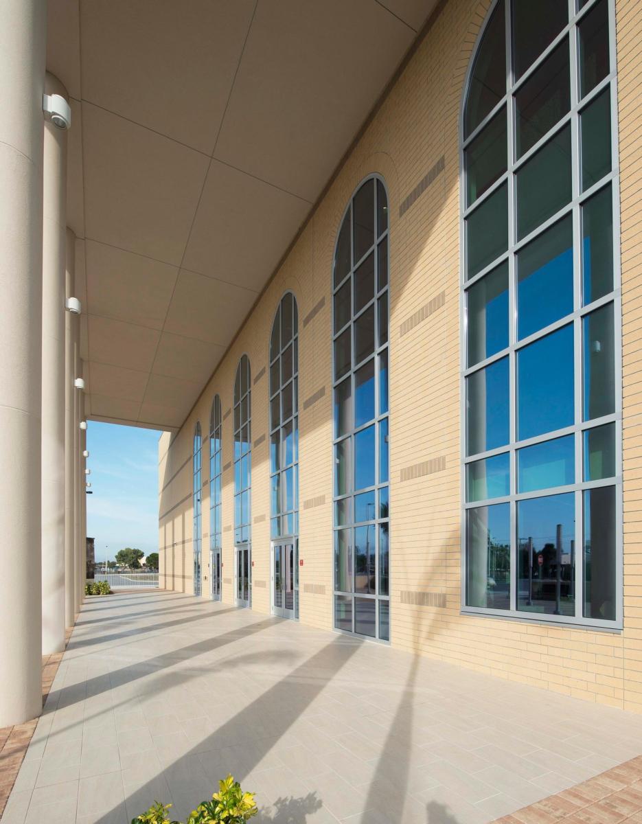 The pillared front of Venice High School and it's windows