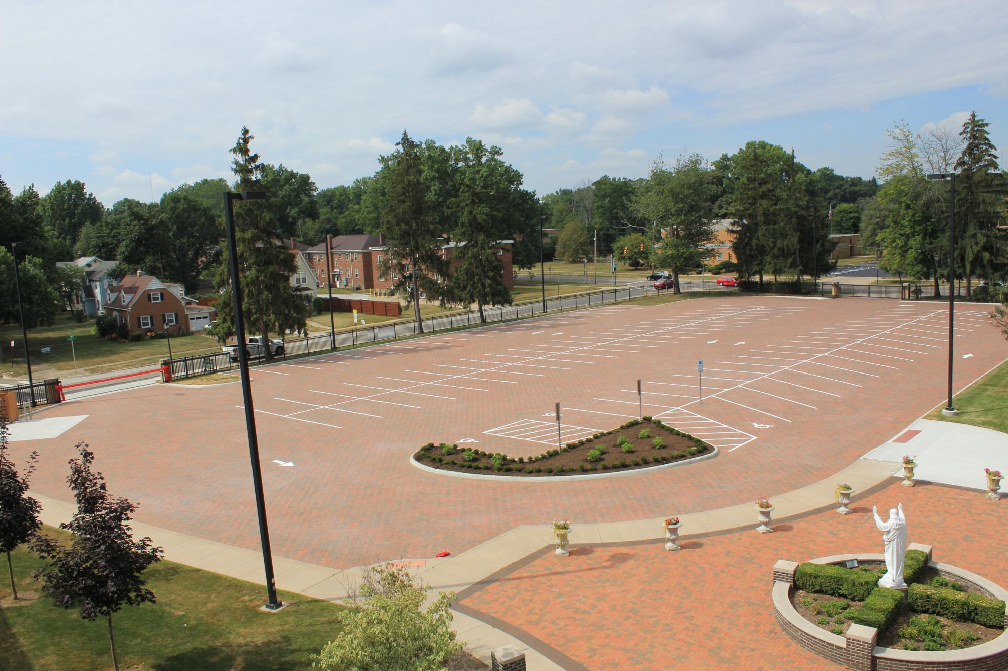 The brick parking lot of St. Sebastian Catholic Parish