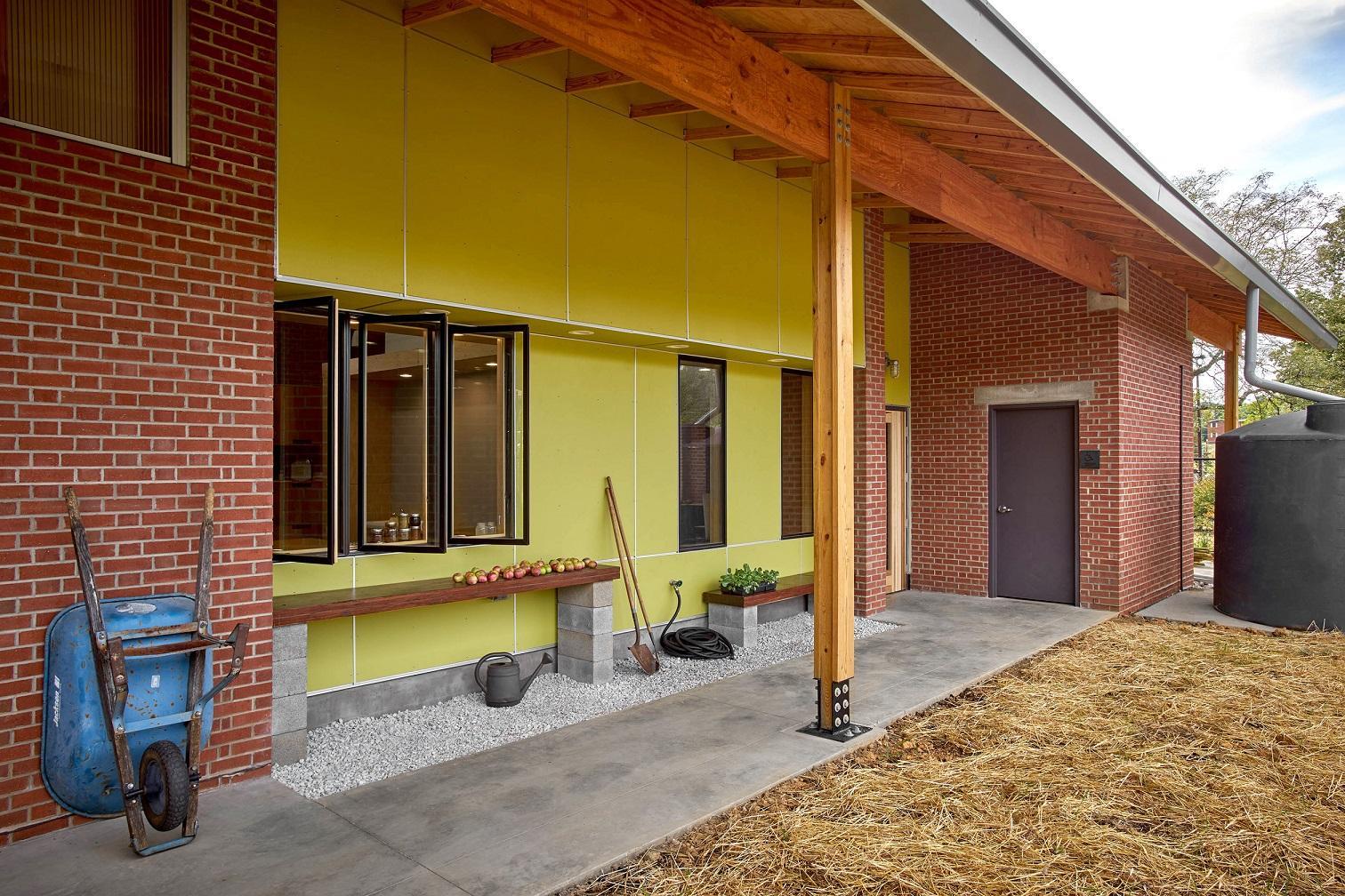 The brick outer wall and yard of Education Center for Beardsley Community Farm